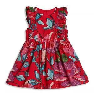 Pippa & Julie Girls Size 2T Floral Ruffle Dress Red Round Neck Sleeveless Excell
